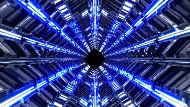 Vivid digital tunnel with network nodes, Immersive visualization of data flow with lighting effects, Dynamic digital core network highlighted by luminous lines and interconnected nodes
