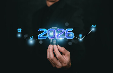 Future technology and innovation concept with hand holding glowing 2026 symbol, connected digital icons representing AI, security, growth and business transformation for next generation technology and
