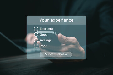 Customer experience and user feedback concept with person using smartphone and digital rating interface, showing online review, satisfaction survey and service evaluation for business and mobile appli