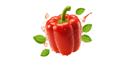 Flawless crimson red bell pepper with dewy water droplets and green stem, dynamically suspended with glossy basil, peppercorns, and energetic red sauce splashes on a transparent background. High-end