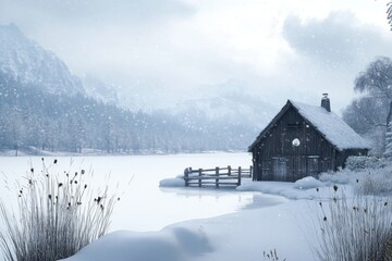 Snow-covered cabin by a frozen lake with mountains in the background during winter