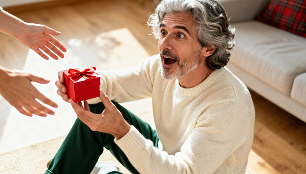 Happy man with a surprised expression receiving a red gift box. Couple celebrating Christmas or a birthday at home. Holiday giving concept