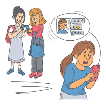 Sad teen girl reading mean comments vector isolated. Hand-drawn illustration of a victim of cyberbullying. Unhappy girl holding smartphone and reading hateful comments on social media.