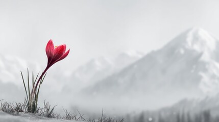 Red flower blossoms against snowy mountain backdrop, standing out brightly