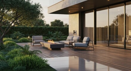 Obraz premium A modern outdoor living space with fire feature, furniture, greenery, and large windows