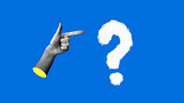 Halftone hand points to a question mark. FAQ. Ask questions and get answers. Problem and solution concept. Quiz. Question mark cut out from notebook. Collage animation