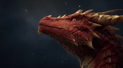 Red dragon head, scales detailed, golden horns, against a dark starry sky
