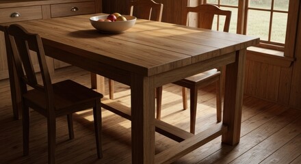 A sunlit dining room with a wooden table, chairs, and bowl of fruit