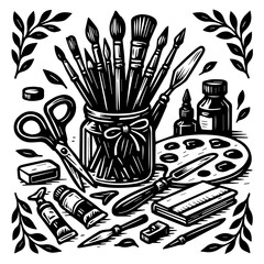 Vintage Art Supplies Illustration in Black and White