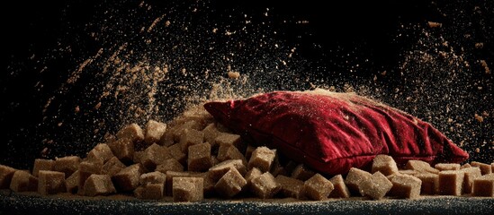 Red pillow rests on a pile of brown sugar cubes with powder explosion
