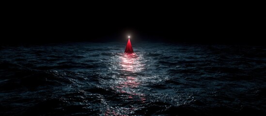 Red buoy with a light in dark, wavy ocean reflecting the glow at night