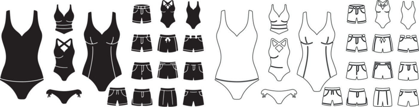 Fashion Vector Set of Women's Swimwear and Shorts in Black Silhouette and Outline Styles isolated PNG with Transparent Background