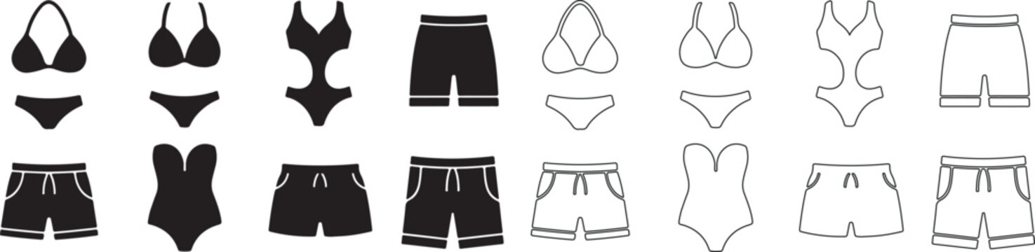 Set of Various Swimwear Vector Icons Featuring Bikini, Monokini, and Swim Shorts in Black Silhouette and Outline Designs isolated PNG with Transparent Background