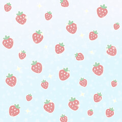 ゆめかわストロベリーのパステルグラデーション_デザインペーパー（ミントグリーン）ー ブルー〜ミントグリーンのグラデーションに、ハートと星がきらめくいちごモチーフ。デザインペーパー、シール帳の表紙、マスキングシールブックタイプ、フレークシール、ノートの表紙、ハンカチ、ミニタオルに最適。推し活グッズにも。