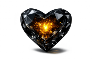 Crystal heart with gold core on a transparent background. Love concept.