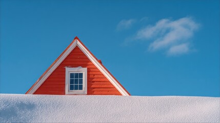 Red peaked attic window emerges above snow-covered roof against bright blue sky