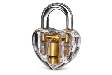 Heart-shaped padlock with transparent background, internal mechanisms shown