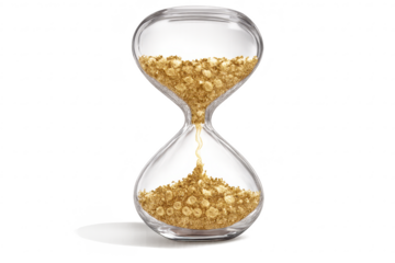 Hourglass filled with golden sand on transparent background image.