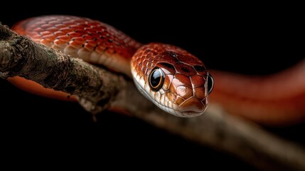 A close-up of a reddish snake with large eyes, perched on a branch against black