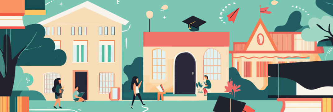 Outdoor university campus scene with students walking, academic buildings, graduation cap, and paper airplane in flat minimalist vector style background illustration