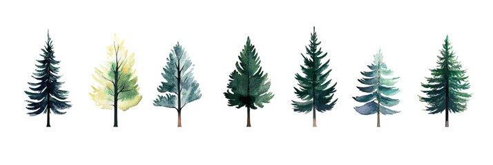 Watercolor pine tree collection set with varied shapes and shades of green, blue and yellow forest conifer silhouettes on white background in minimalist style vector illustration
