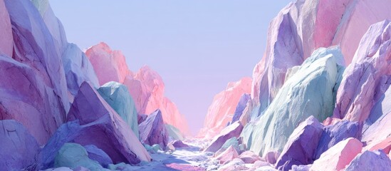 A dreamy, pastel-colored landscape depicts jagged crystalline mountains