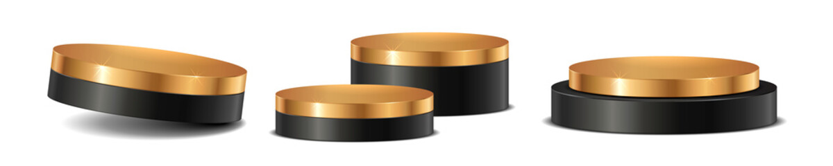 PNG 3D Black Gold Podium with Shiny Luxury Stage Pedestal Stand for Golden Product Display Platform Transparent Background