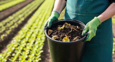 Person holding a bucket of rich compost in a thriving garden, preparing soil for plant growth
