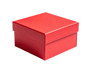 Fototapeta premium A vibrant, textured red square box with lid, isolated on a stark black background