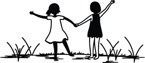 Vector illustration of a mother and daughter silhouette in black dresses holding hands on a meadow with a child and boy in a cartoon art design representing family love and fun