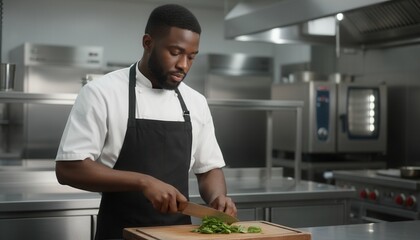 Focused african american chef preparing food in a professional kitchen. A young man in uniform chopping greens on a cutting board