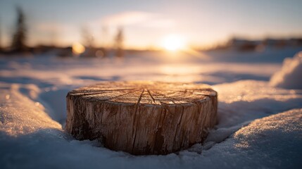 Wooden stump in snowy field, sun setting in the distance, creating warm light