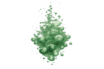 Abstract green spheres and bubbles, transparent background art piece