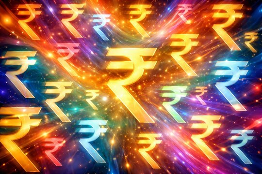 Vibrant abstract background filled with glowing Indian rupee symbols