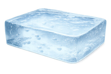 Obraz premium Ice block on transparent background with trapped air bubbles. Cold frosty water freezing process creating a refreshing cube