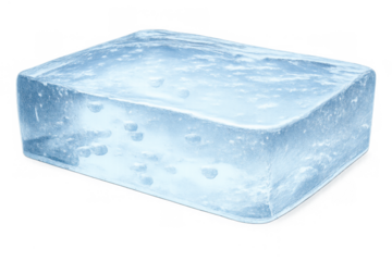 Ice block on transparent background with trapped air bubbles. Cold frosty water freezing process creating a refreshing cube