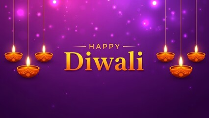 Happy Diwali festival greeting with glowing oil lamps on purple background
