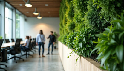 Green office space, Interior of a office with green plants and people in the background