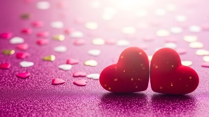 Two red hearts on glittery pink background with scattered confetti