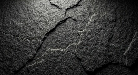 Close-up of dark grey, textured stone with cracks, in a shadowy, vignetted composition