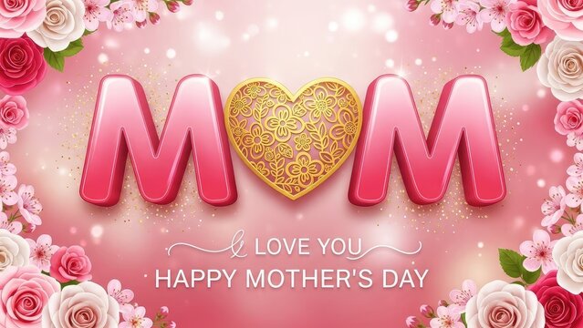 Happy mothers day greeting card with pink roses and glittery heart symbolizing love and appreciation