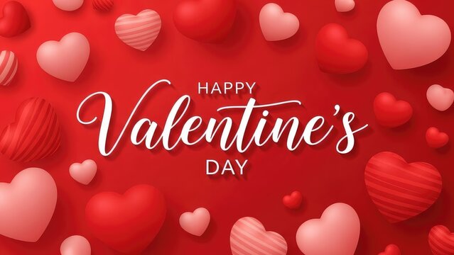 Happy valentines day greeting card with red and pink hearts on a red background
