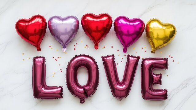 Colorful heart shaped balloons spelling out love on marble surface with confetti