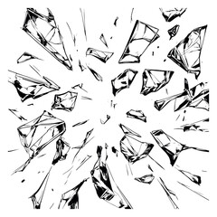 Hand drawn line art illustration of broken glass depicting a shattering explosion for abstract designs