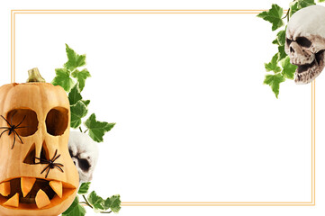 Carved scary halloween face with black spiders on Butternut squash with sculls and green twigs of ivy in corner arrangements with a frame on white or transparent background. Holiday card.