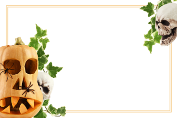 Carved scary halloween face with black spiders on Butternut squash with sculls and green twigs of ivy in corner arrangements with a frame on white or transparent background. Holiday card.