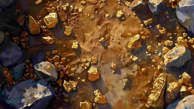 Gold nuggets scattered across a muddy rocky streambed.