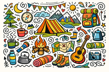 Fototapeta premium Vibrant outdoor camping doodle with tent, campfire, and gear
