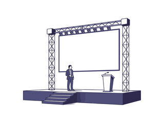 A man in a suit stands confidently on a stage with a large screen and podium, ready to give a presentation.