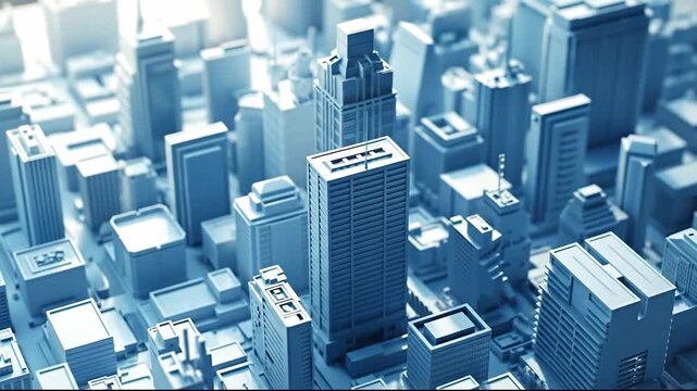 Monochrome isometric city model with tall skyscraper towers.